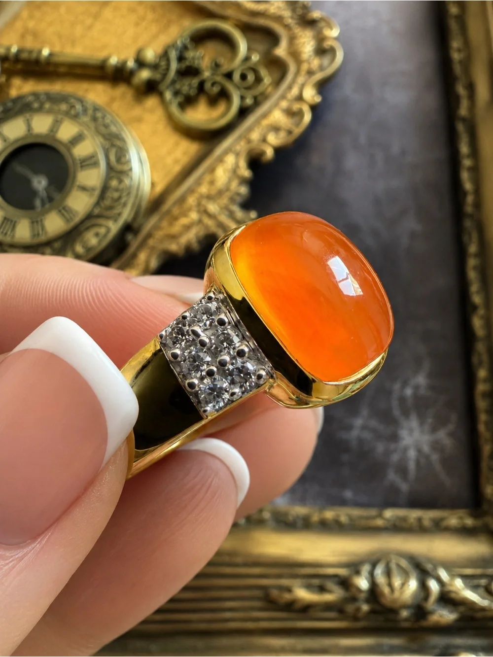 🆕 SONI • Gold Ring Orange Cabochon Crystal Stones Cocktail  Ring